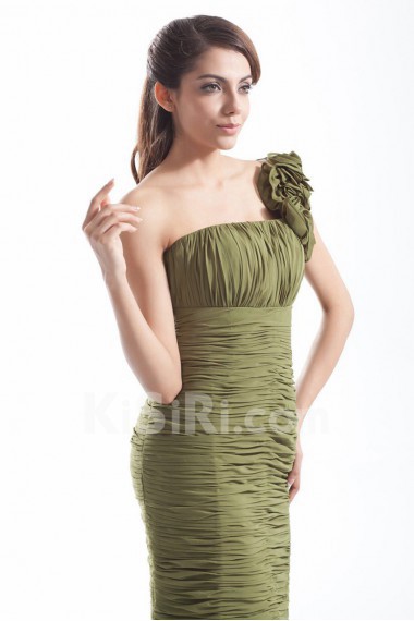 Chiffon One Shoulder Sheath Dress with Directionally Ruched Bodice