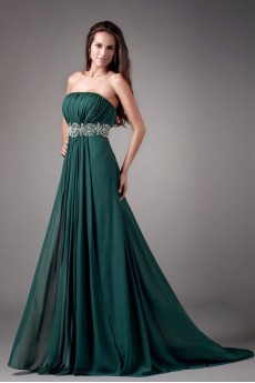 Chiffon Strapless Coloum Dress with Embroidery