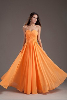 Chiffon Sweetheart Column Orange Dress with Crisscross Ruched Bodice