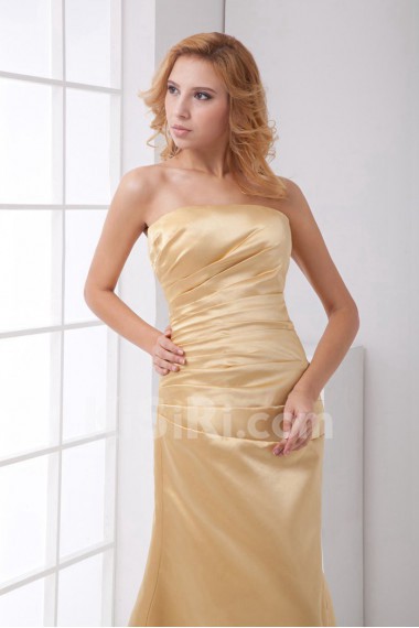 Satin Strapless Sheath Dress with Gathered Ruched Bodice