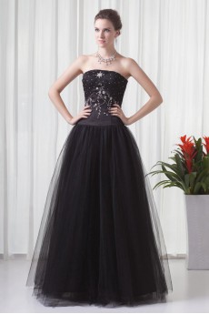 Net and Satin Strapless A Line Floor Length Dress with Embroidery