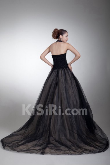 Satin and Net Halter Ball Gown with Embroidery