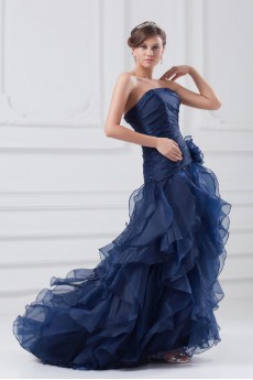 Organza Strapless A Line Dress with Hand-made Flower