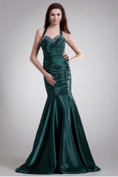 Satin Halter Sheath Dress with Embroidery