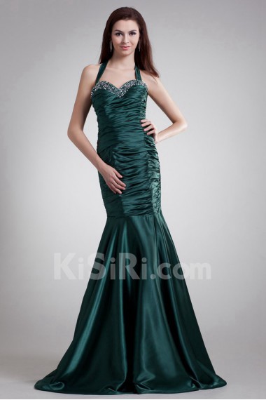 Satin Halter Sheath Dress with Embroidery