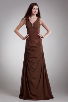 Chiffon V-Neck Column Dress with Embroidery
