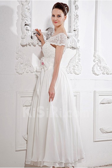Satin and Lace Bateau Neckline Ankle-Length A-Line Dress