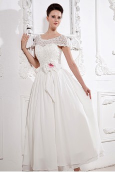 Satin and Lace Bateau Neckline Ankle-Length A-Line Dress