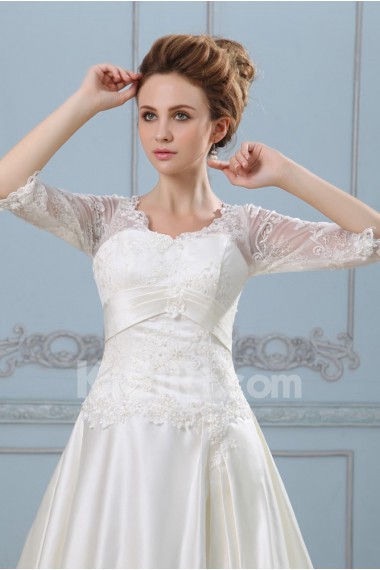 Satin V-Neckline A-Line Dress with Embroidery and Half-Sleeves
