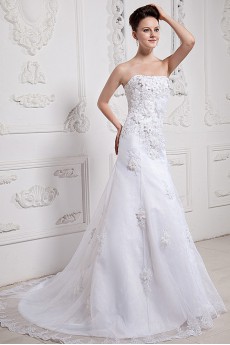 Satin and Organza Strapless A-Line Dress with Embroidery Beaded