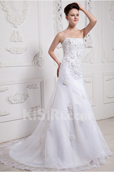 Satin and Organza Strapless A-Line Dress with Embroidery Beaded