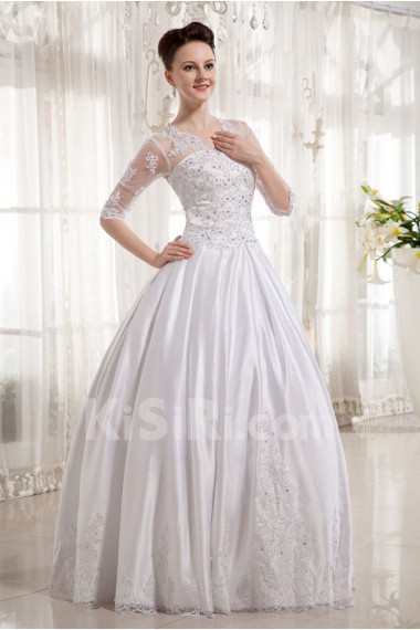 Satin V-Neckline Floor Length Ball Gown with Embroidery and Half-Sleeves