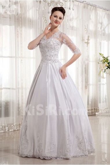 Satin V-Neckline Floor Length Ball Gown with Embroidery and Half-Sleeves