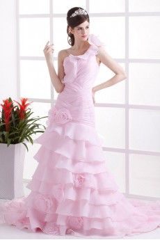 Organza One-Shoulder A-Line Dress with Ruffle Flowers