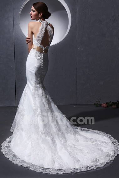 Lace and charmeuse Halter Neckline Mermaid Dress with Embroidery