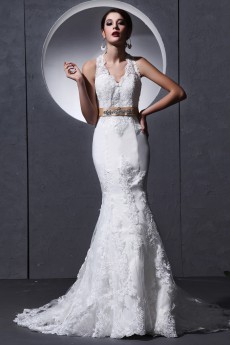 Lace and charmeuse Halter Neckline Mermaid Dress with Embroidery