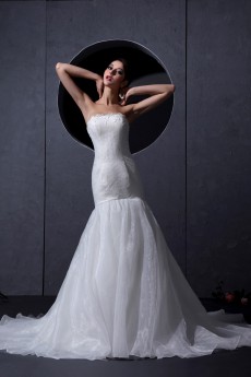 Organza Satin Strapless Mermaid Dress with Embroidery