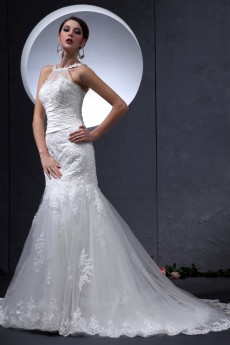 Lace and Satin Round Neckline Mermaid Dress with Embroidery