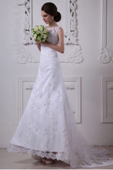 Satin and Lace Round Neckline A-Line Dress with Beaded