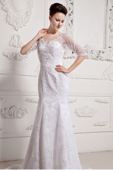Lace and Satin Sweetheart A-Line Dress with Half-Sleeves
