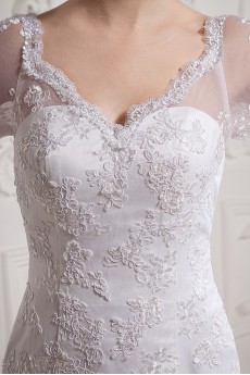 Lace and Satin Sweetheart A-Line Dress with Half-Sleeves