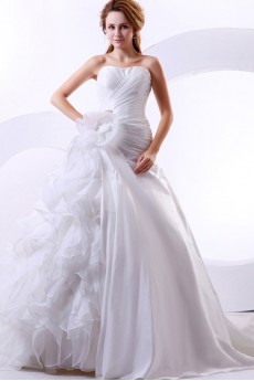 Satin and Organza Sweetheart A-Line Dress with Ruffle and Flowers