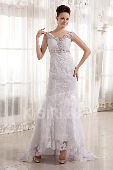 Satin and Lace V-Neckline A-Line Dress with Embroidery