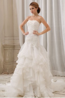 Organza and Stain Strapless Semi-Mermaid Dress with Embroidery 
