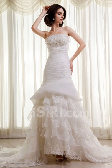 Organza and Lace Strapless Mermaid Dress with Beaded Ruffle and Embroidery