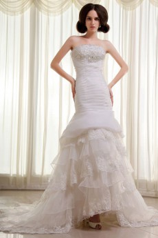 Organza and Lace Strapless Mermaid Dress with Beaded Ruffle and Embroidery