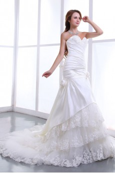Satin and Lace Sweetheart A-Line Dress with Embroidery and Ruffle