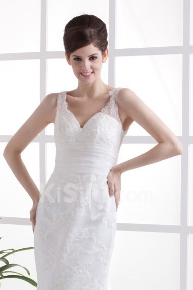 Lace V-Neckline Brush Train Sheath Dress with Embroidery