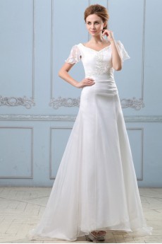 Satin Organza V-Neckline A-Line Dress with Embroidery and Cap-Sleeves