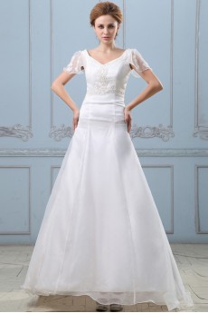 Satin Organza V-Neckline A-Line Dress with Embroidery and Cap-Sleeves