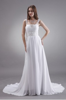 Satin and Chiffon Straps Neckline A-line Dress with Beaded