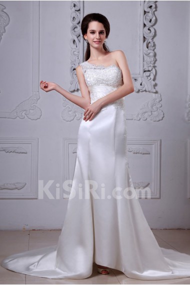 Charmeuse One-Shoulder Sheath Dress with Embroidery