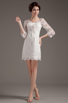 Satin and Lace Strapless Short Dress with Three-quartter Sleeves