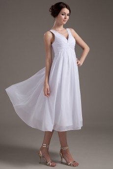 Chiffon V-Neckline Tea-Length Column Dress with Beaded