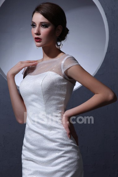 Satin and Lace Jewel Neckline Sheath Dress with Cap-Sleeves