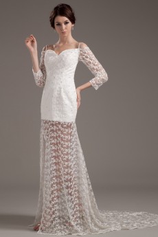 Satin and Lace Sweetheart Floor Length A-Line Dress with Long Sleeves