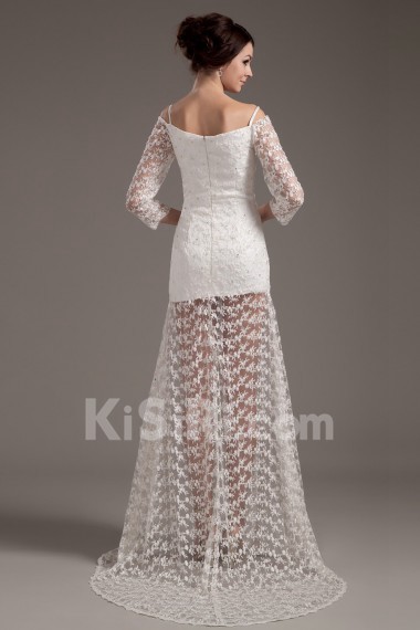 Satin and Lace Sweetheart Floor Length A-Line Dress with Long Sleeves
