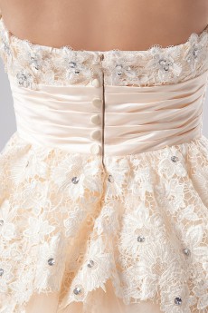 Satin and Yarn Strapless Tea-Length A-line Dress with Embroidery