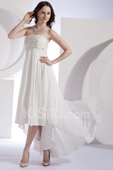Chiffon and Satin Strapless Ankle-length Column Dress with Embroidery and Ruffle