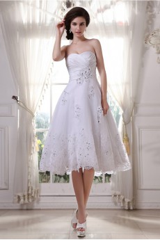 Satin and Yarn Sweetheart Tea-Length A-Line Dress with Embroidery