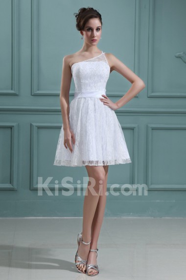 Lace and Satin One-Shoulder Short Dress with Embroidery