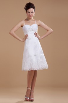 Satin and Lace Spaghetti Straps Short A-line Dress with Beaded