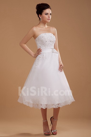 Satin and Yarn Strapless Tea-Length A-line Dress with Embroidery 