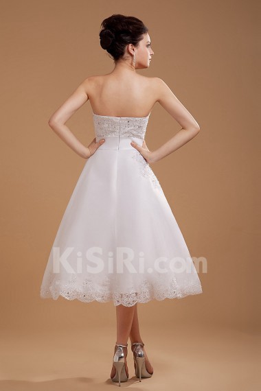 Satin and Yarn Strapless Tea-Length A-line Dress with Embroidery 