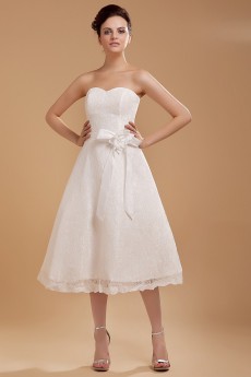 Satin and Lace Sweetheart Tea-Length A-line Dress with Hand-made Flower
