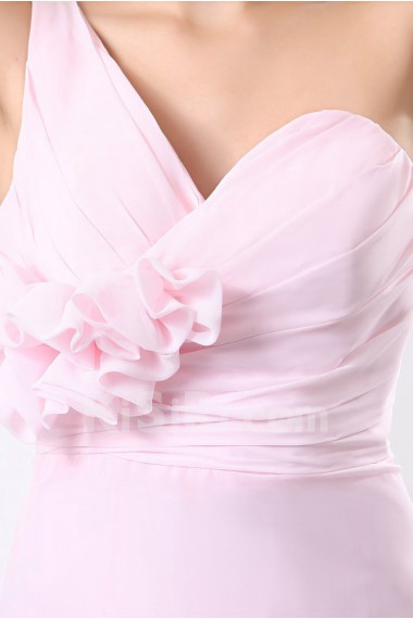 Chiffon One-Shoulder A-line Dress with Drape and Handmade Flower